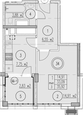 1-комн., 33.09 м², 6/10 этаж, ЖК «Agoy Park Residence by Lavicon»