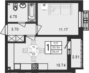 1-комн., 35.36 м², 2/9 этаж, ЖК «Дом 101»