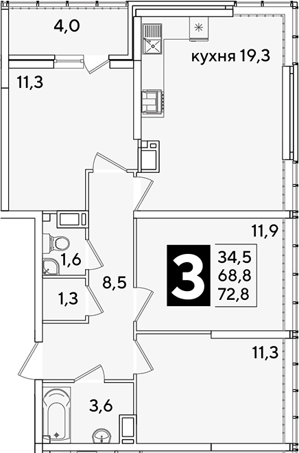 4+ комнаты, 68.8 м², 15/16 этаж, ЖК «Самолет»