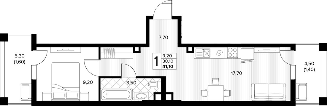 1-комн., 38.1 м², 1/6 этаж, ЖК «Кипарис»