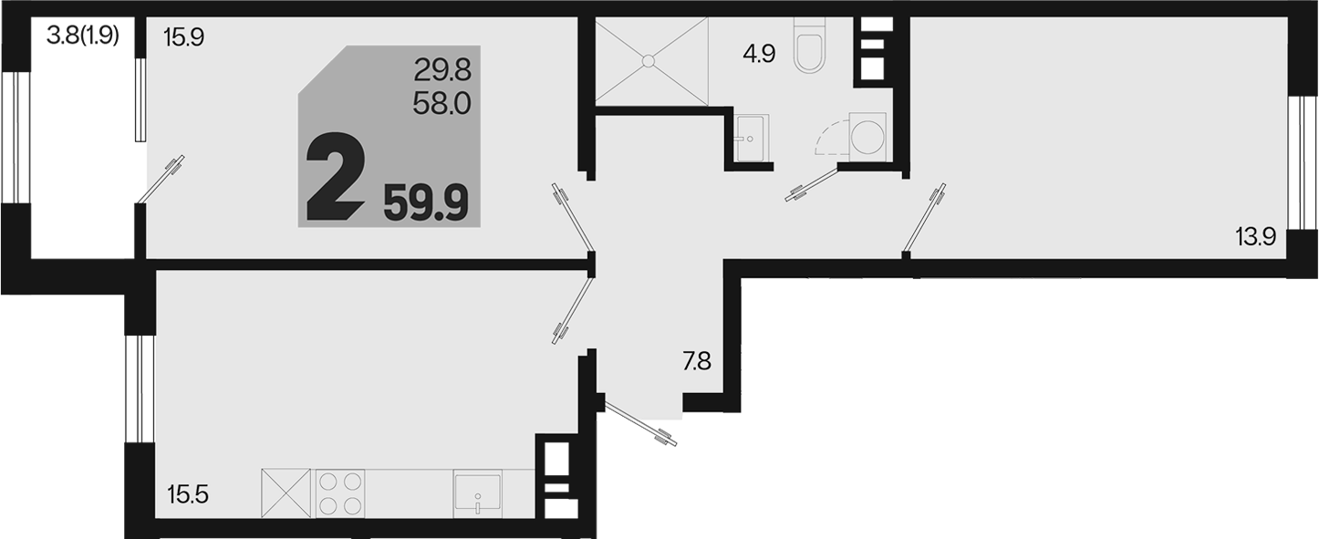 2-комн., 58 м², 3/9 этаж, ЖК «Первое место»
