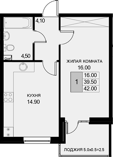 1-комн., 39.5 м², 2/7 этаж, ЖК «История»