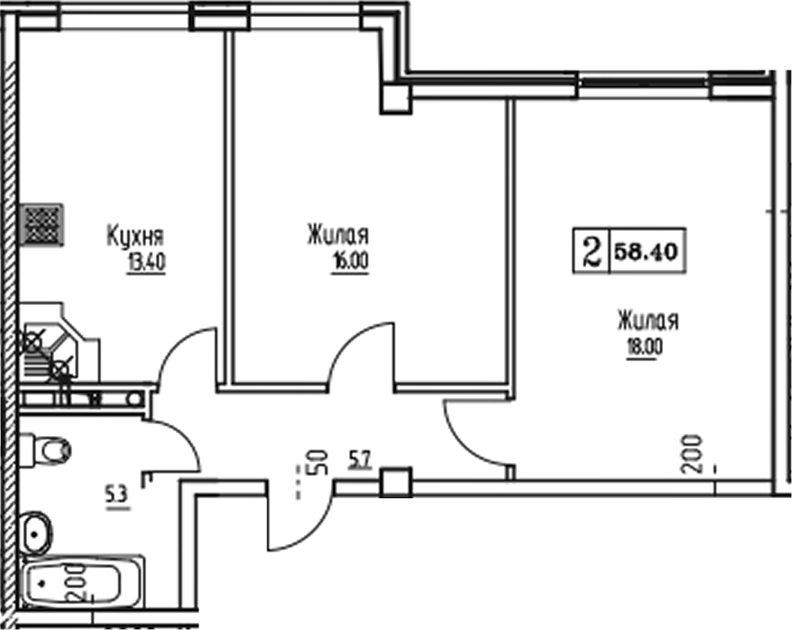 2-комн., 58.36 м², 9/9 этаж, ЖК «Южная звезда»