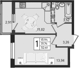 1-комн., 31.74 м², 12/18 этаж, ЖК «Дом 101»