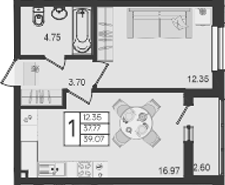 1-комн., 37.77 м², 2/9 этаж, ЖК «Дом 101»
