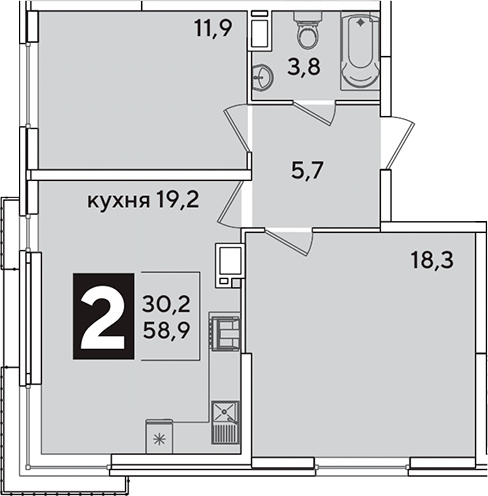 3-комн., 58.9 м², 14/16 этаж, ЖК «Самолет»