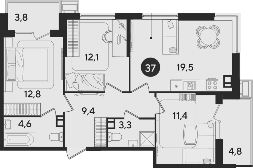4+ комнаты, 73.1 м², 8/9 этаж, ЖК «Парк Победы»