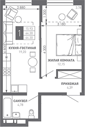 1-комн., 45.6 м², 6/9 этаж, ЖК «Иначе в Молодежном»