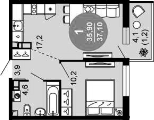 2-комн., 35.9 м², 10/12 этаж, ЖК «Флора»