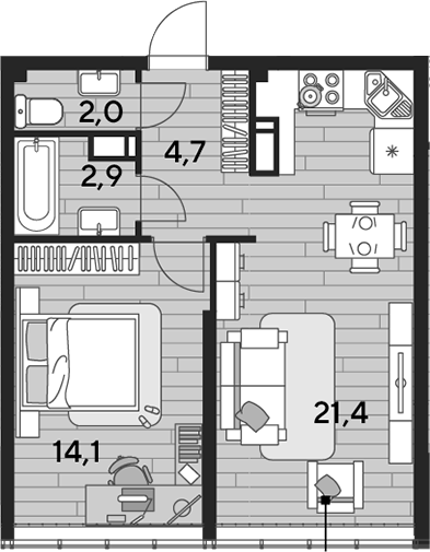 Продается 1-комн. квартира, 45.1 м²