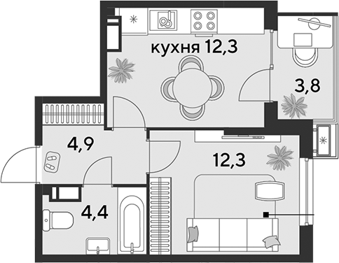 1-комн., 33.9 м², 12/18 этаж, ЖК «Парк Победы»