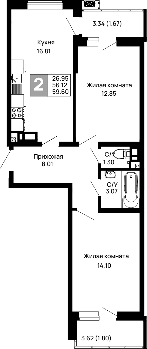 2-комн., 56.13 м², 3/13 этаж, ЖК «Долина»