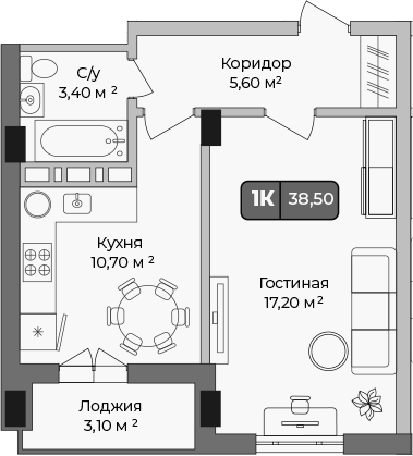 1-комн., 36.95 м², 7/9 этаж, ЖК «Опера»