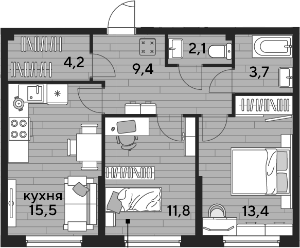 2-комн., 60.1 м², 2/16 этаж, ЖК «DОГМА ПАРК»
