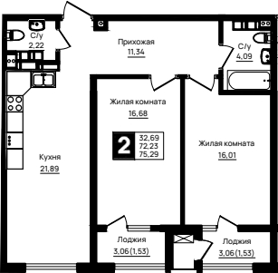 2-комн., 72.23 м², 14/18 этаж, ЖК «Резиденция морей»