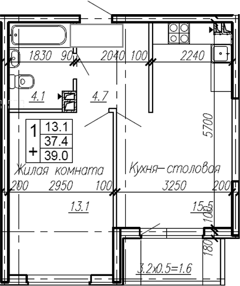 1-комн., 37.4 м², 3/4 этаж, ЖК «Эво»