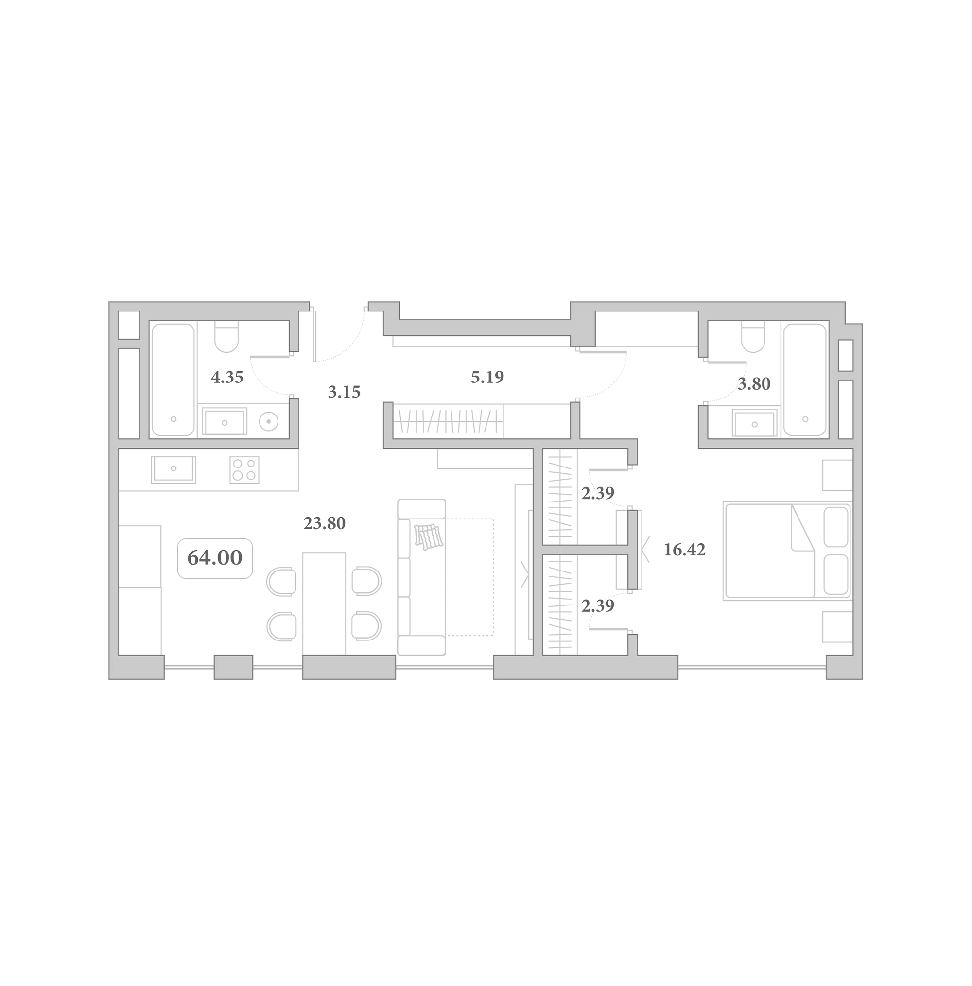 2-комн., 64 м², 2/7 этаж, ЖК «Граф Толстой»