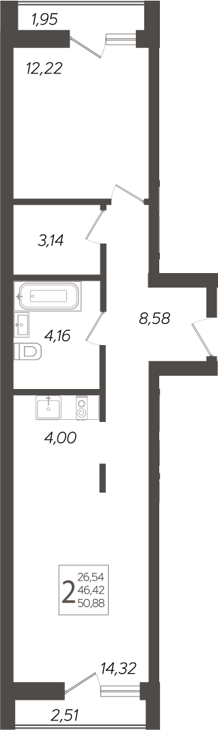 2-комн., 46.42 м², 3/19 этаж, ЖК «Кислород»