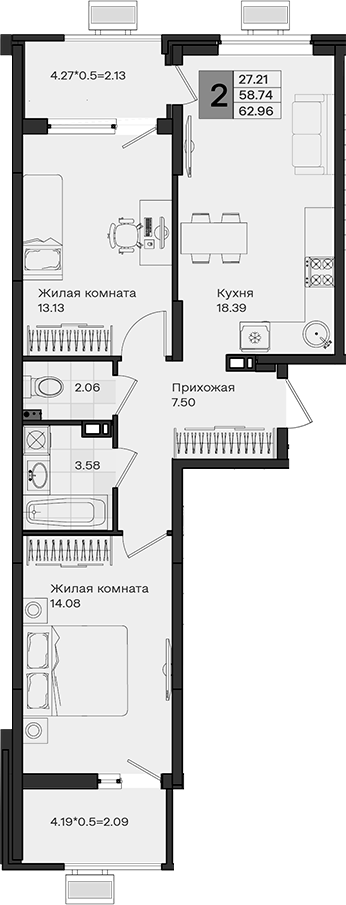 2-комн., 58.74 м², 5/8 этаж, ЖК «МОНО квартал»