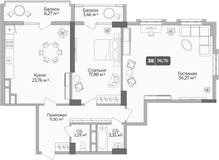 2-комн., 93.84 м², 1/17 этаж, ЖК «Золотой берег. СЗ Среда»