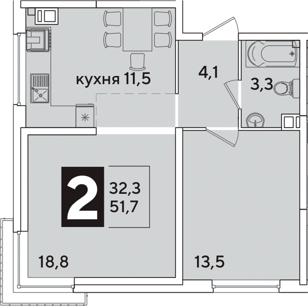 2-комн., 51.7 м², 9/16 этаж, ЖК «Самолет»