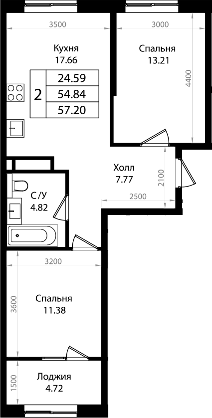 2-комн., 54.19 м², 3/9 этаж, ЖК «Патрики»
