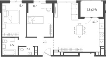 3-комн., 74.3 м², 23/24 этаж, ЖК «Все Свои VIP»