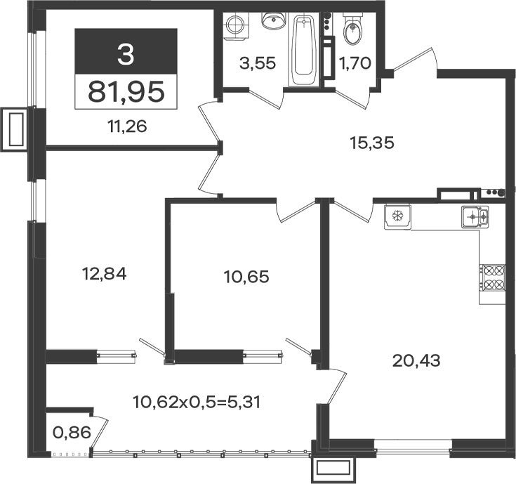3-комн., 75.78 м², 11/18 этаж, ЖК «Образцово»