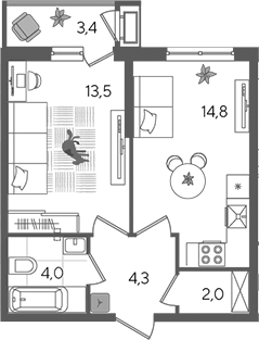 1-комн., 38.6 м², 2/24 этаж, ЖК «Рекорд»