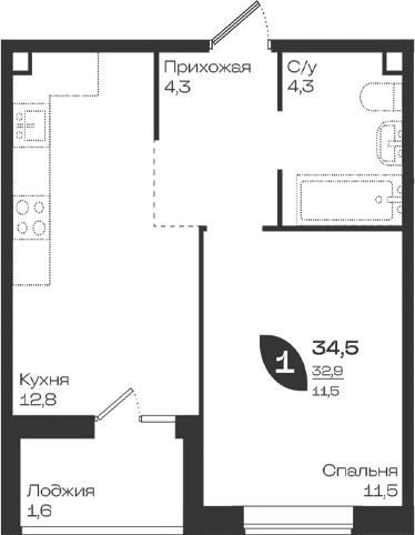 1-комн., 32.9 м², 2/18 этаж, ЖК «Ботаника»