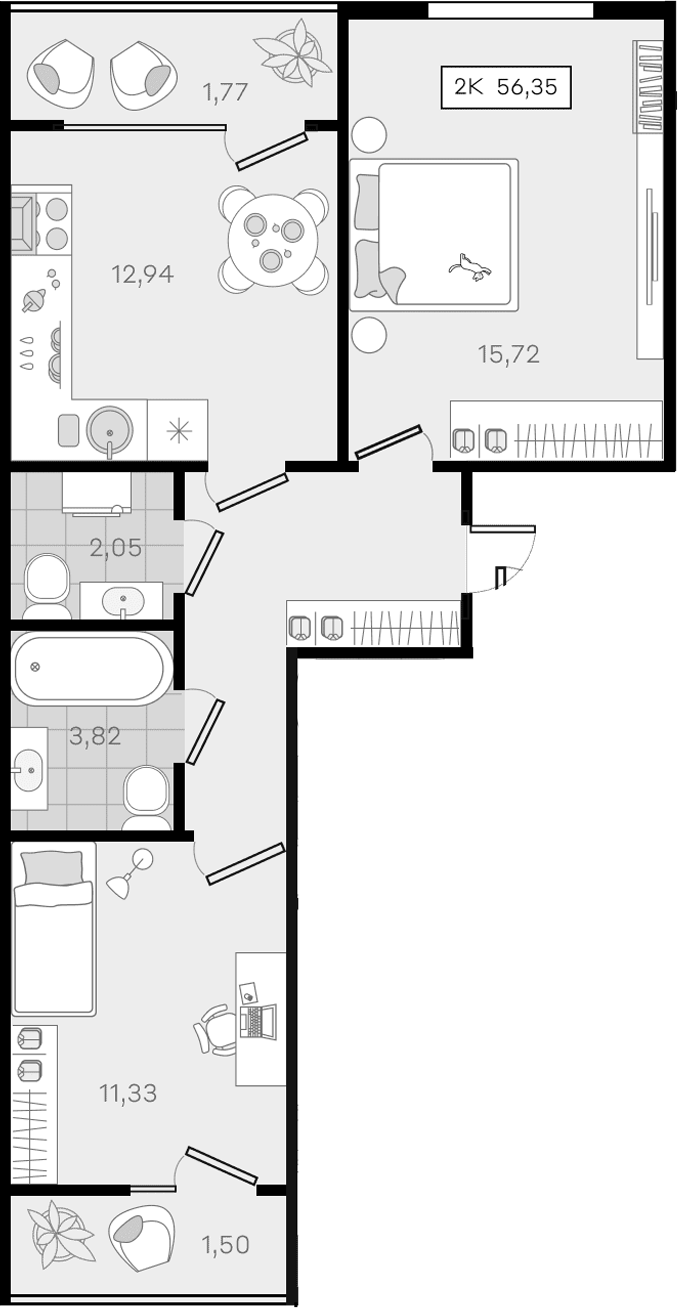 2-комн., 53.08 м², 2/8 этаж, ЖК «История 3»