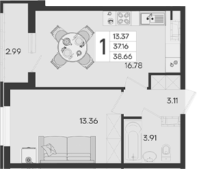Продается 1-комн. квартира, 37.16 м²