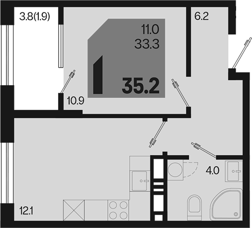 1-комн., 33.3 м², 13/18 этаж, ЖК «Первое место»