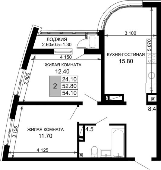 3-комн., 52.8 м², 16/18 этаж, ЖК «Фонтаны»
