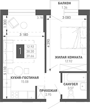 1-комн., 39.07 м², 2/9 этаж, ЖК «Иначе в Молодежном»