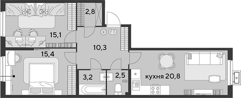3-комн., 70.1 м², 2/18 этаж, ЖК «Парк Победы»