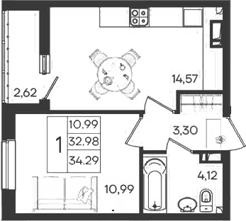 1-комн., 32.98 м², 9/9 этаж, ЖК «Дом 101»