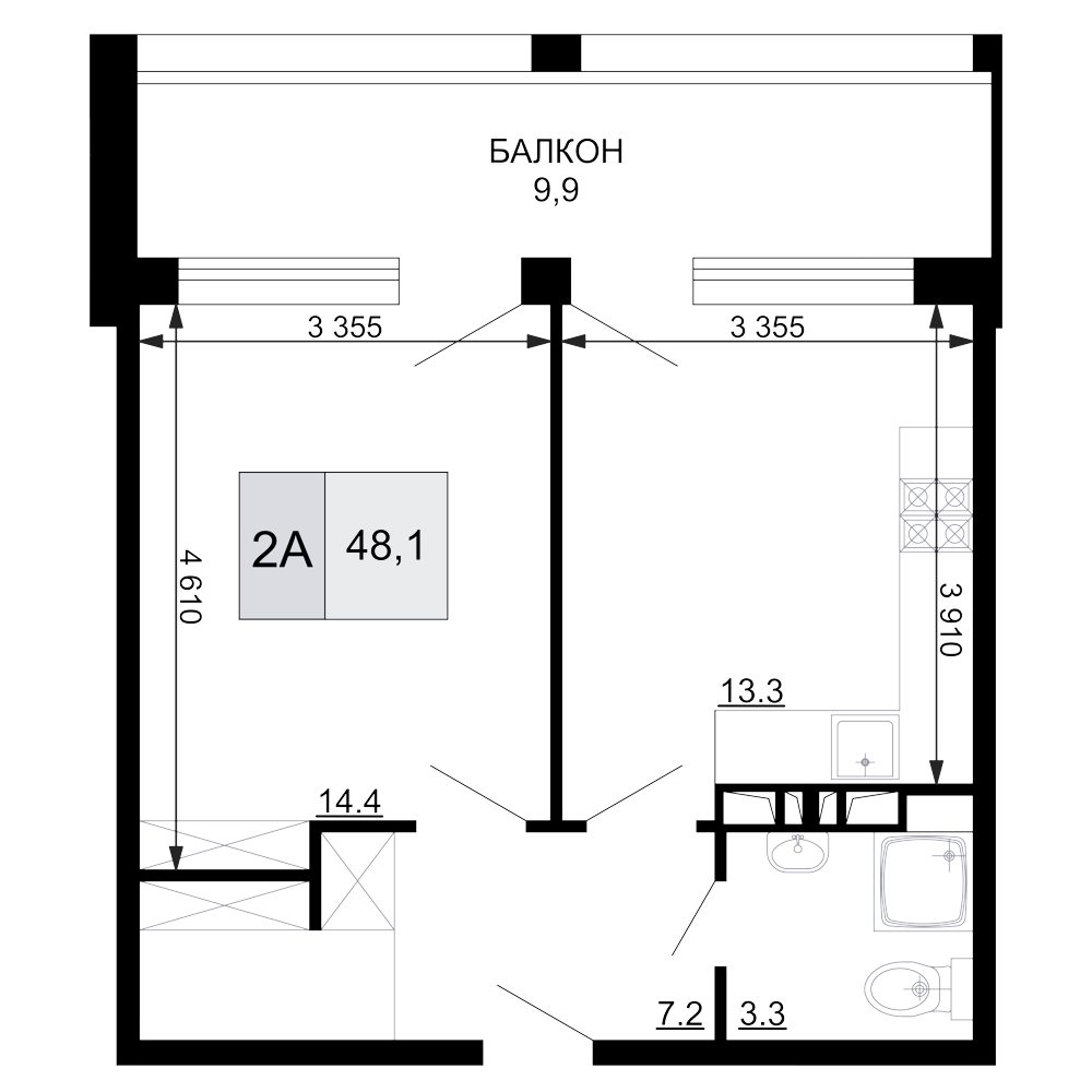 2-комн., 38.2 м², 2/9 этаж, ЖК «Гостиничный комплекс Мореград»
