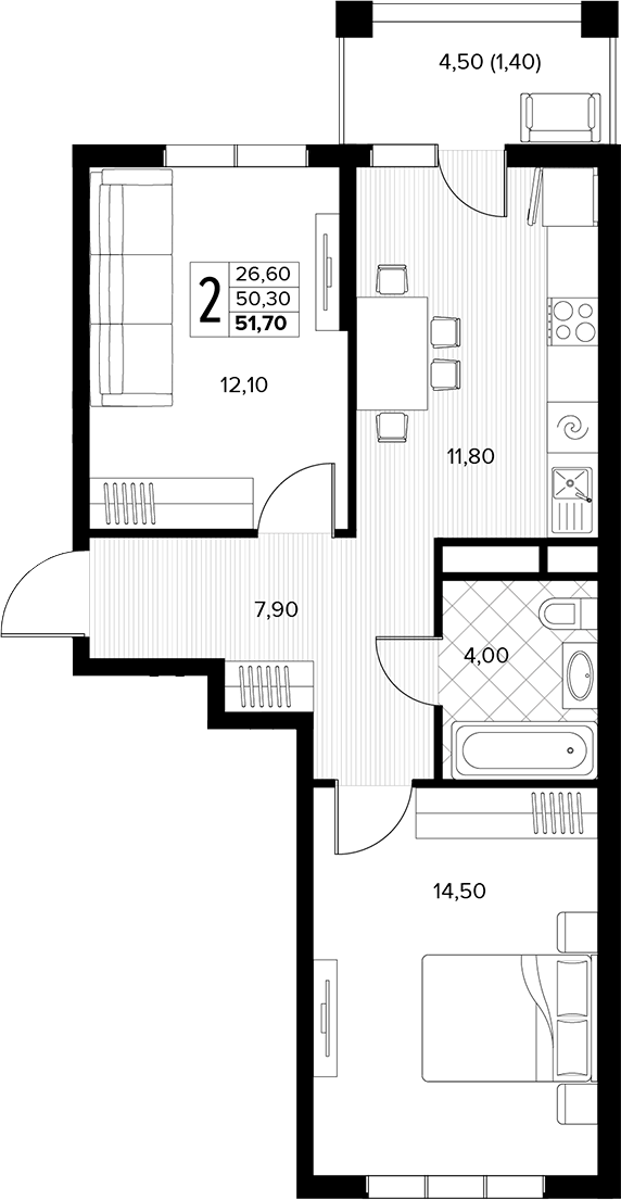 2-комн., 50.3 м², 4/6 этаж, ЖК «Кипарис»