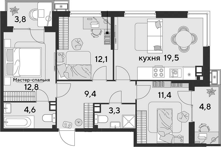4+ комнаты, 73.1 м², 6/9 этаж, ЖК «Парк Победы»