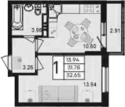 1-комн., 31.78 м², 8/9 этаж, ЖК «Дом 101»