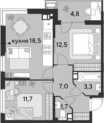 3-комн., 54.7 м², 8/9 этаж, ЖК «Парк Победы»