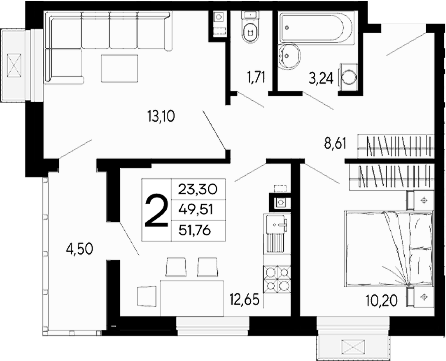 Продается 2-комн. квартира, 49.51 м²