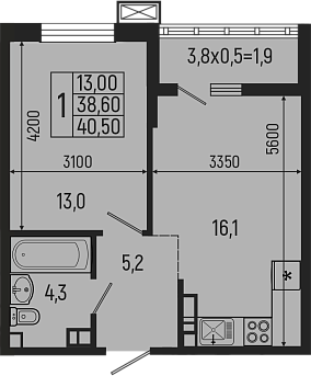 2-комн., 38.6 м², 3/5 этаж, ЖК «Звезды»