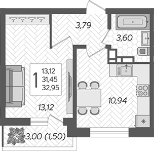 1-комн., 31.45 м², 1/16 этаж, ЖК «Смородина»