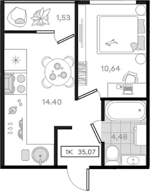 1-комн., 33.54 м², 4/8 этаж, ЖК «История 3»