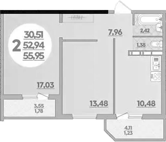 2-комн., 52.94 м², 15/16 этаж, ЖК «Восточный. Квартал №6»
