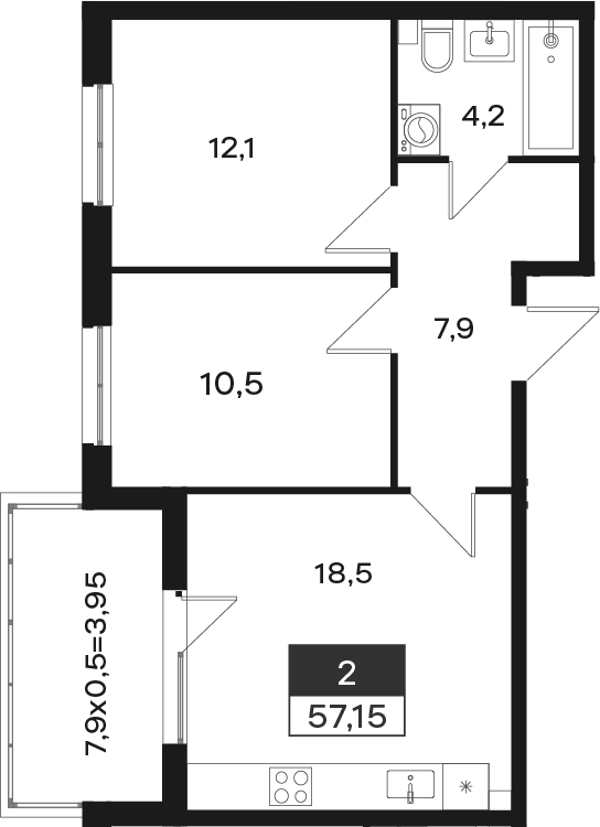 2-комн., 53.2 м², 1/4 этаж, ЖК «Новая Елизаветка»