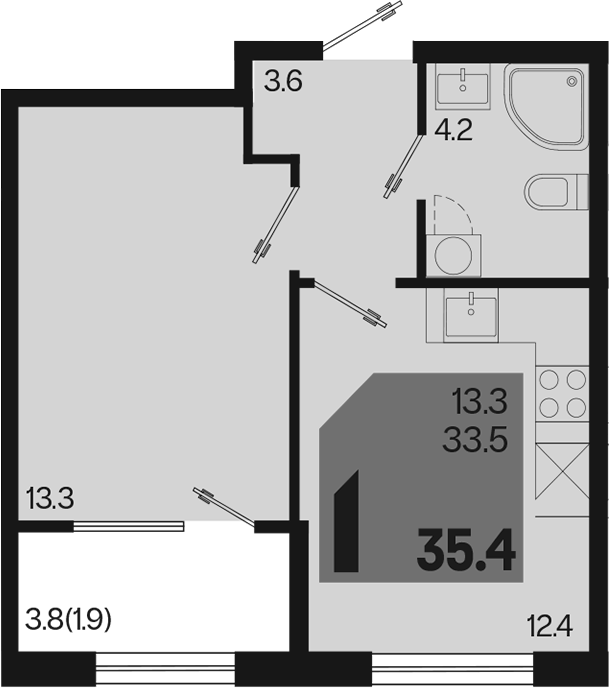 1-комн., 33.5 м², 2/9 этаж, ЖК «Первое место»