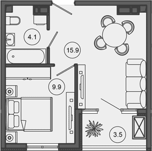 2-комн., 29.9 м², 10/10 этаж, ЖК «Гостиничный комплекс GREENMONT»